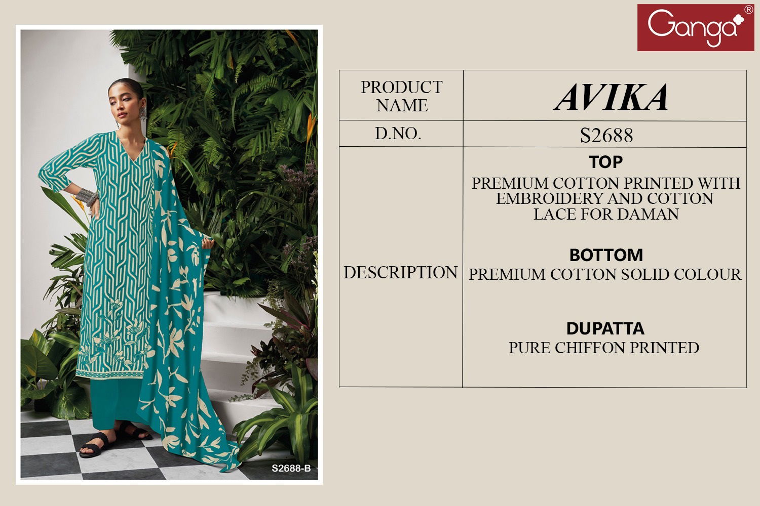Avika 2688 By Ganga Embroidery Premium Cotton Dress Material Wholesale Market In Surat